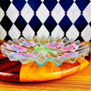 Handcrafted Ruffled Glass Art Bowl with Orchid Motif